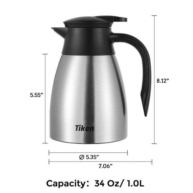 Tiken 34 Oz Thermal Coffee Carafe, Stainless Steel Insulated